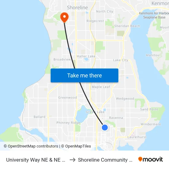 University Way NE & NE 55th St to Shoreline Community College map