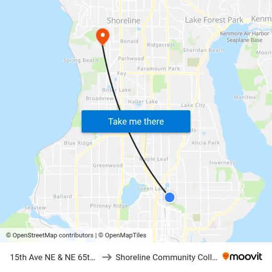 15th Ave NE & NE 65th St to Shoreline Community College map