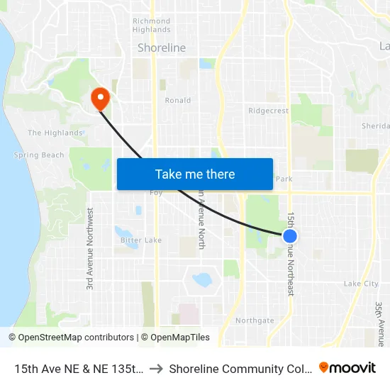 15th Ave NE & NE 135th St to Shoreline Community College map