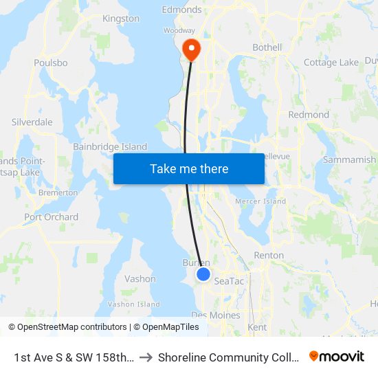 1st Ave S & SW 158th St to Shoreline Community College map