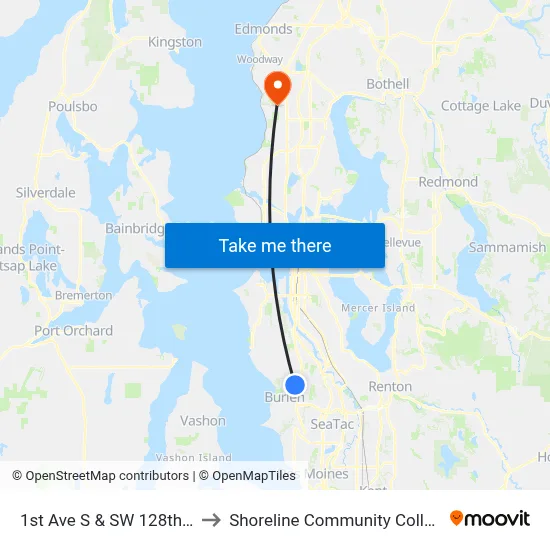 1st Ave S & SW 128th St to Shoreline Community College map