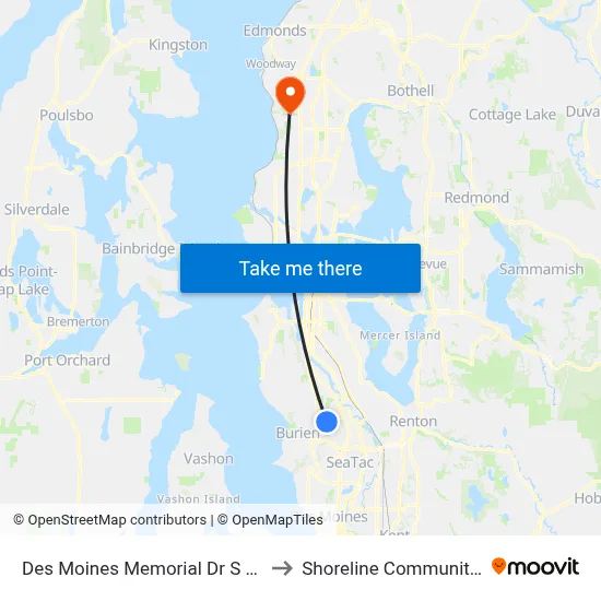 Des Moines Memorial Dr S & S 128th St to Shoreline Community College map