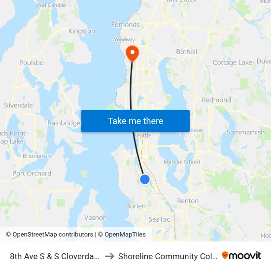 8th Ave S & S Cloverdale St to Shoreline Community College map
