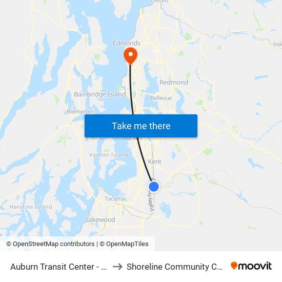 Auburn Transit Center - Bay 1 to Shoreline Community College map