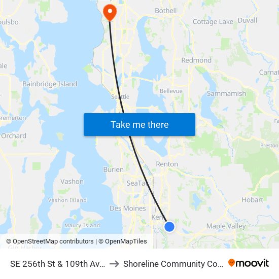 SE 256th St & 109th Ave SE to Shoreline Community College map