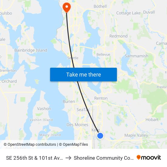 SE 256th St & 101st Ave SE to Shoreline Community College map