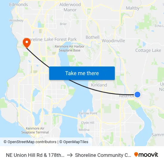 NE Union Hill Rd & 178th Pl NE to Shoreline Community College map
