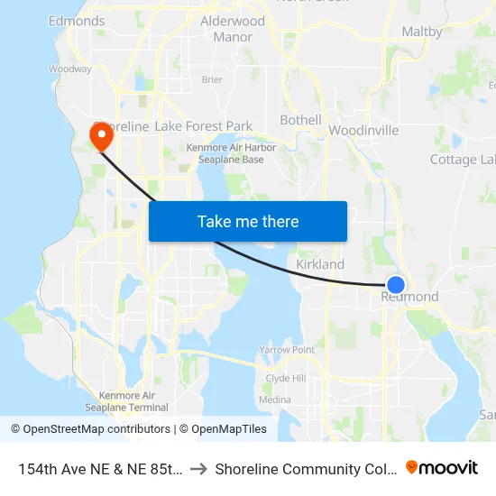 154th Ave NE & NE 85th St to Shoreline Community College map