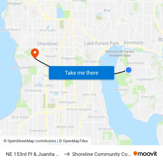 NE 153rd Pl & Juanita Dr NE to Shoreline Community College map
