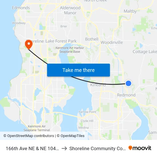 166th Ave NE & NE 104th St to Shoreline Community College map