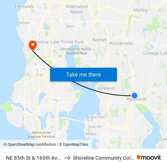 NE 85th St & 160th Ave NE to Shoreline Community College map