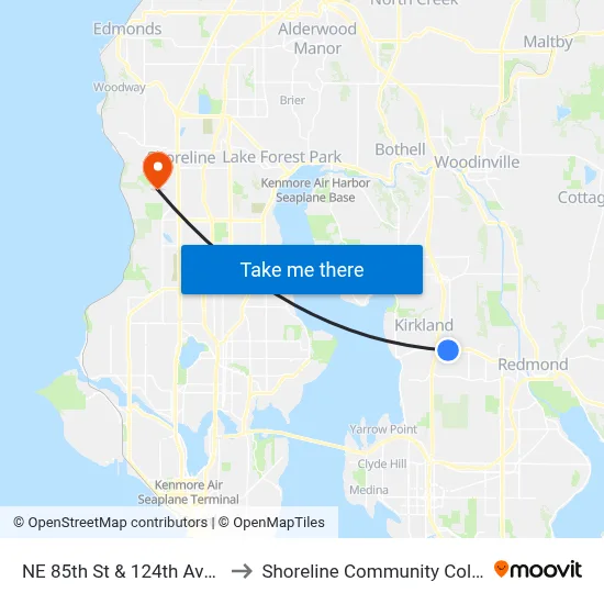 NE 85th St & 124th Ave NE to Shoreline Community College map