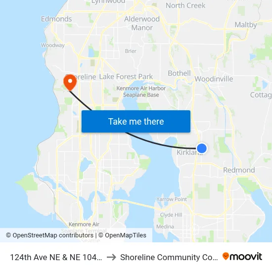 124th Ave NE & NE 104th St to Shoreline Community College map