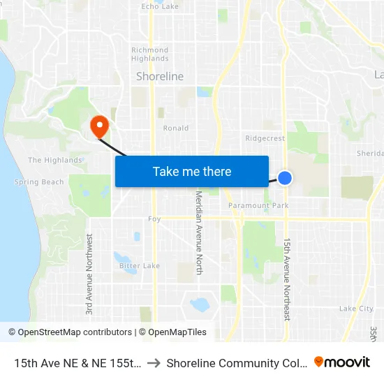 15th Ave NE & NE 155th St to Shoreline Community College map