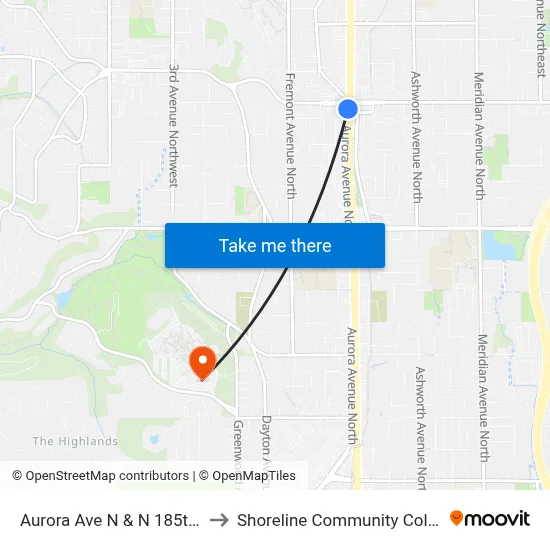 Aurora Ave N & N 185th St to Shoreline Community College map