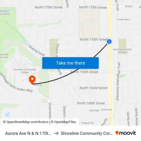 Aurora Ave N & N 170th St to Shoreline Community College map