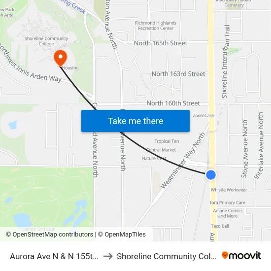 Aurora Ave N & N 155th St to Shoreline Community College map