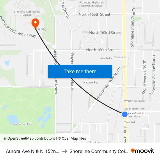 Aurora Ave N & N 152nd St to Shoreline Community College map