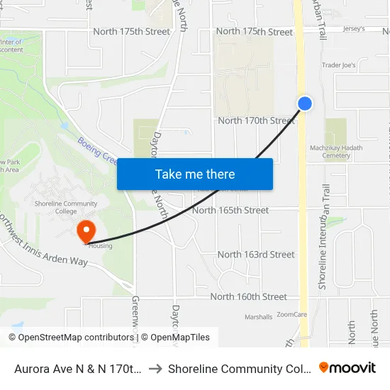 Aurora Ave N & N 170th St to Shoreline Community College map