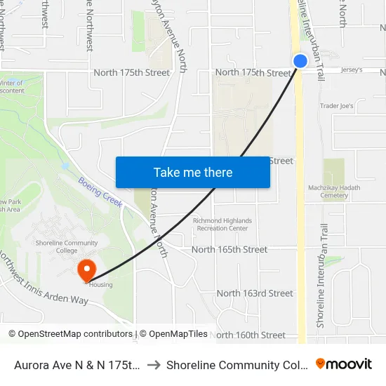 Aurora Ave N & N 175th St to Shoreline Community College map