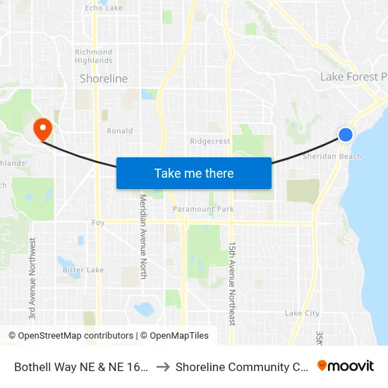 Bothell Way NE & NE 165th St to Shoreline Community College map
