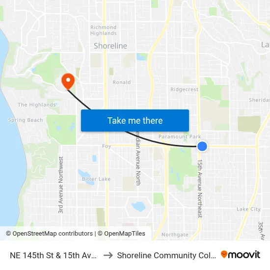 NE 145th St & 15th Ave NE to Shoreline Community College map