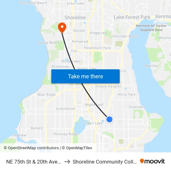 NE 75th St & 20th Ave NE to Shoreline Community College map