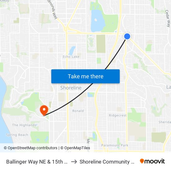 Ballinger Way NE & 15th Ave NE to Shoreline Community College map