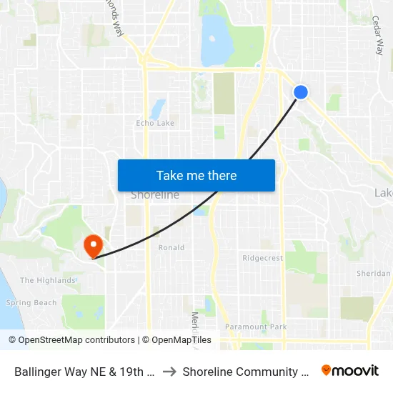 Ballinger Way NE & 19th Ave NE to Shoreline Community College map