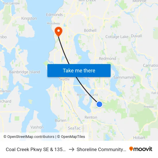 Coal Creek Pkwy SE & 135th Ave SE to Shoreline Community College map