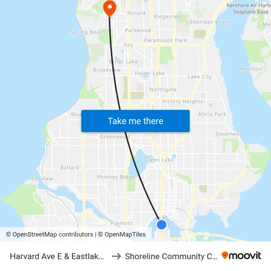 Harvard Ave E & Eastlake Ave E to Shoreline Community College map