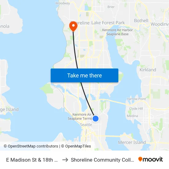 E Madison St & 18th Ave to Shoreline Community College map