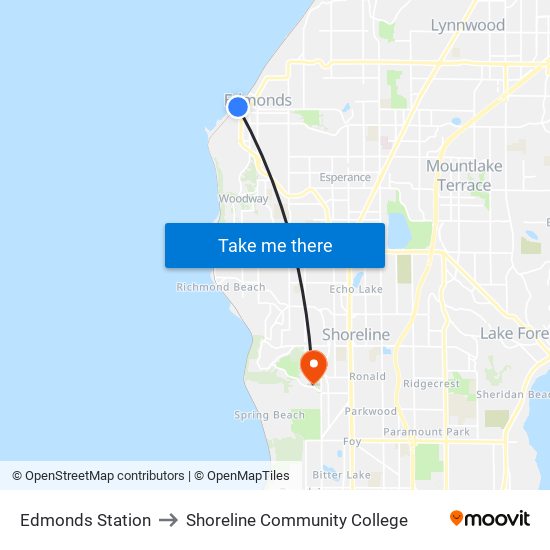Edmonds Station to Shoreline Community College map