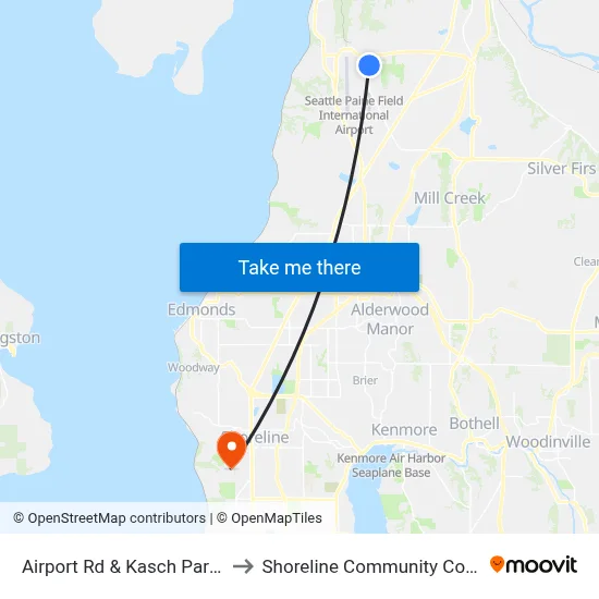 Airport Rd & Kasch Park Rd to Shoreline Community College map