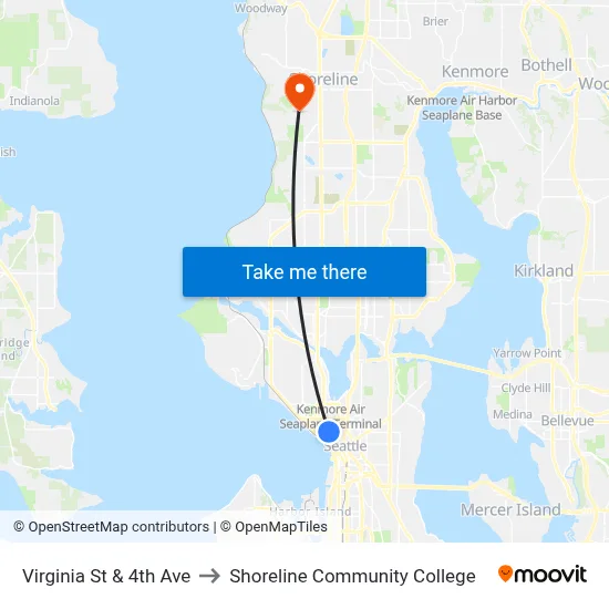 Virginia St & 4th Ave to Shoreline Community College map