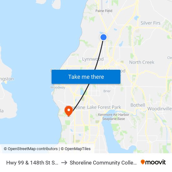 Hwy 99 & 148th St SW to Shoreline Community College map