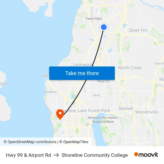 Hwy 99 & Airport Rd to Shoreline Community College map