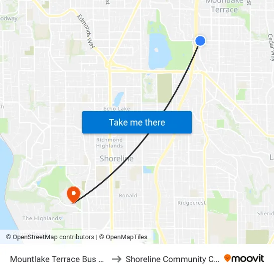Mountlake Terrace Bus Station to Shoreline Community College map