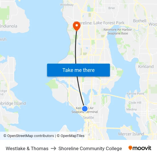 Westlake & Thomas to Shoreline Community College map