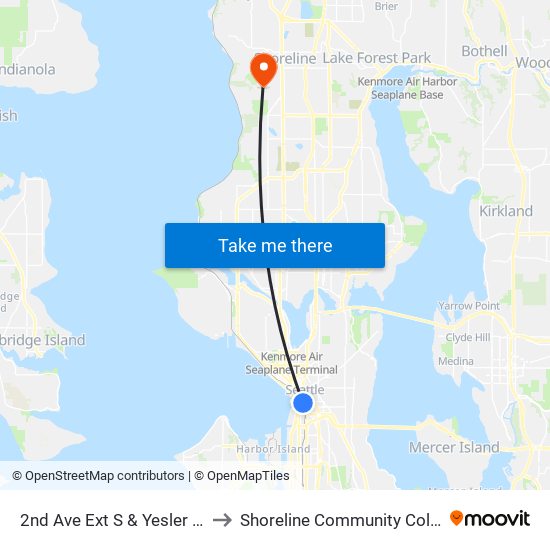 2nd Ave Ext S & Yesler Way to Shoreline Community College map