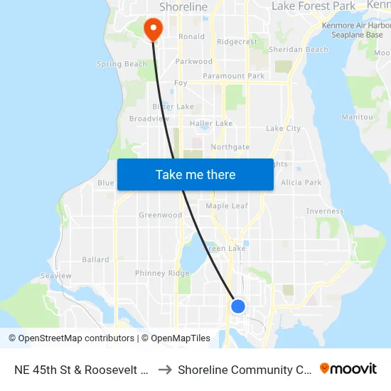 NE 45th St & Roosevelt Wy NE to Shoreline Community College map