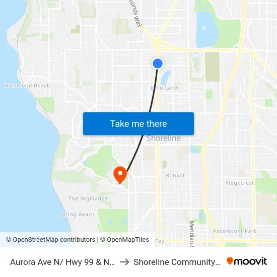 Aurora Ave N/ Hwy 99 & N 200th St to Shoreline Community College map