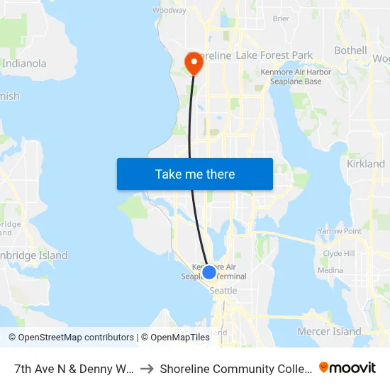 7th Ave N & Denny Way to Shoreline Community College map
