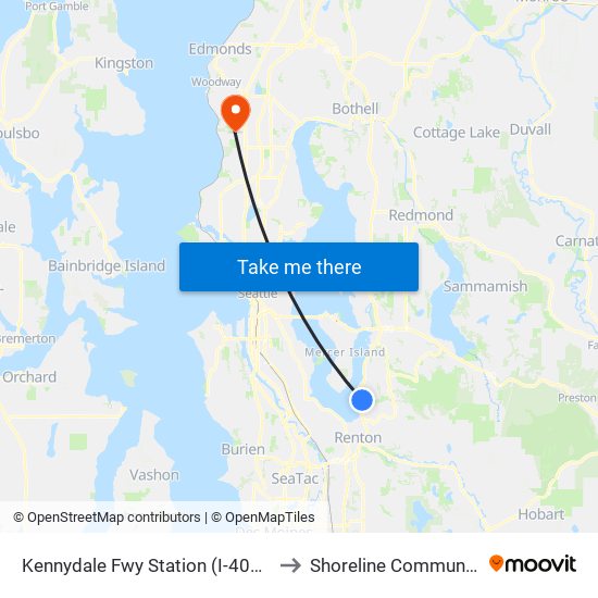 Kennydale Fwy Station (I-405 & NE 30th St) to Shoreline Community College map