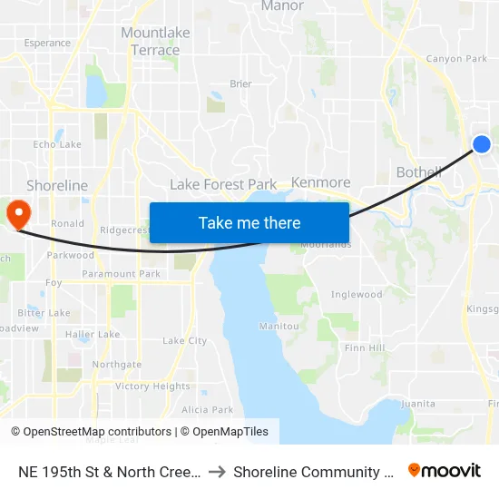NE 195th St & North Creek Pkwy to Shoreline Community College map