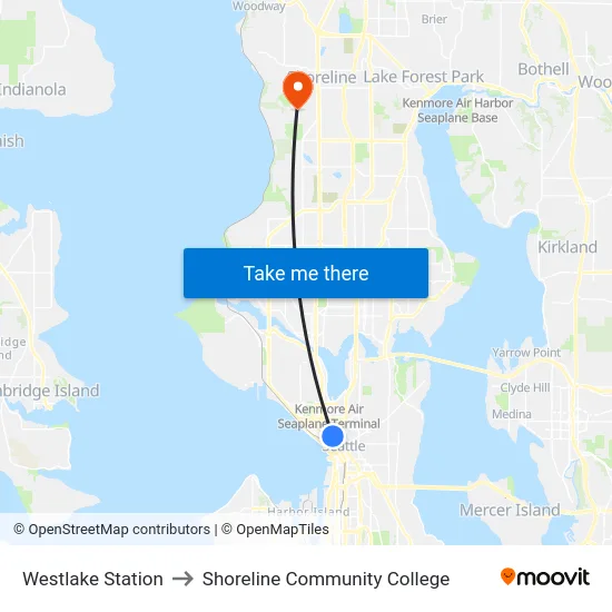 Westlake Station to Shoreline Community College map