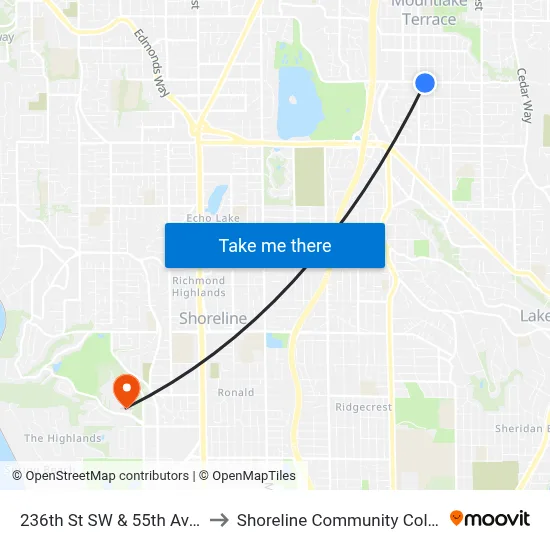 236th St SW & 55th Ave W to Shoreline Community College map