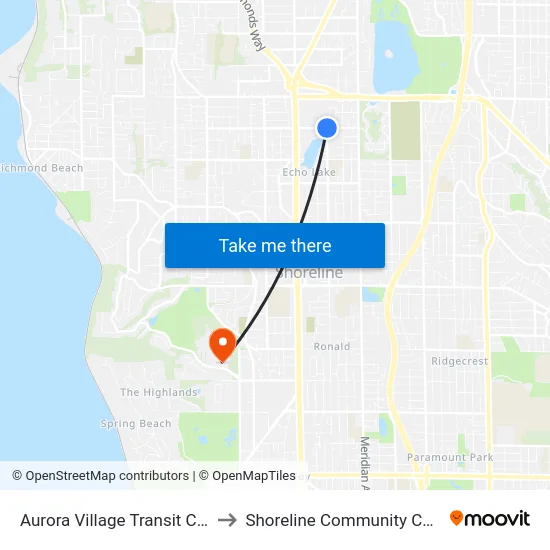 Aurora Village Transit Center to Shoreline Community College map