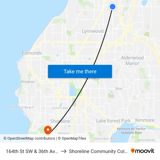 164th St SW & 36th Ave W to Shoreline Community College map