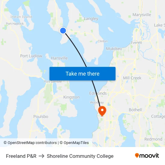 Freeland P&R to Shoreline Community College map